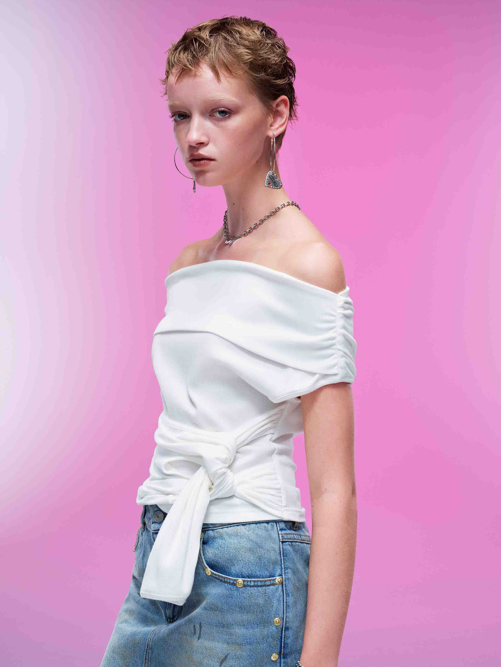 Ruched Tie Off-Shoulder Top White