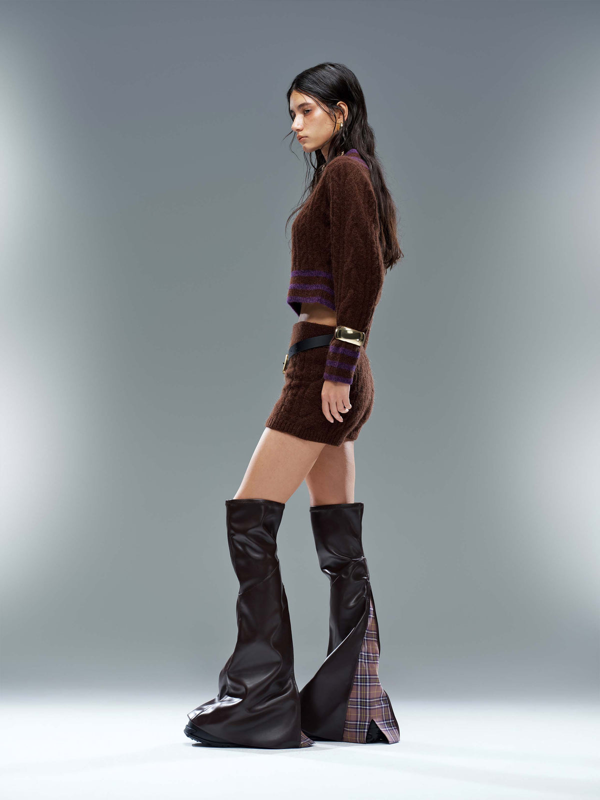 MOIRA Overknee-Stiefel mit Plateau und Karoeinsatz Schokoladenbraun
