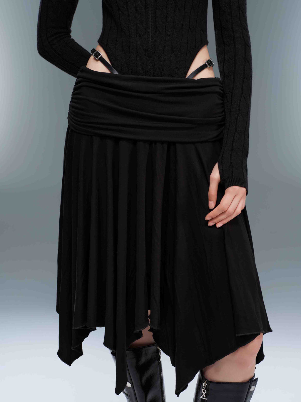 Ruched Asymmetric Midi Skirt Black