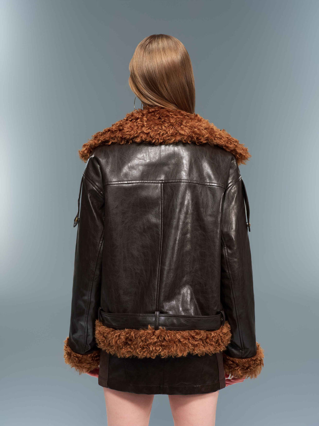 Faux Shearling Belted Biker Jacket Espresso Brown