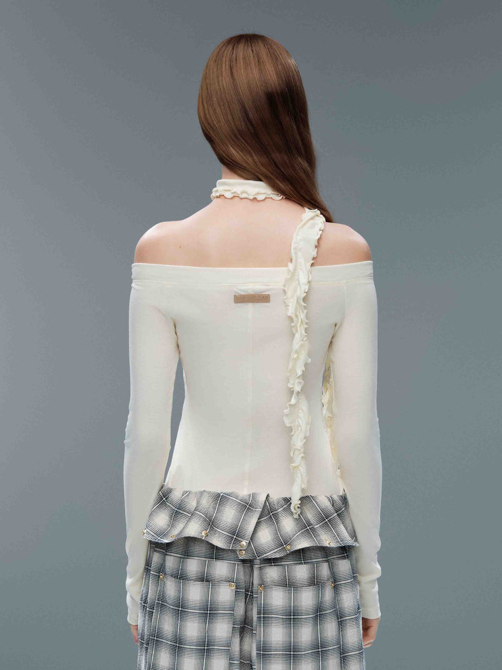 Lace Panel Off-Shoulder Top with Ruffle Scarf Ivory