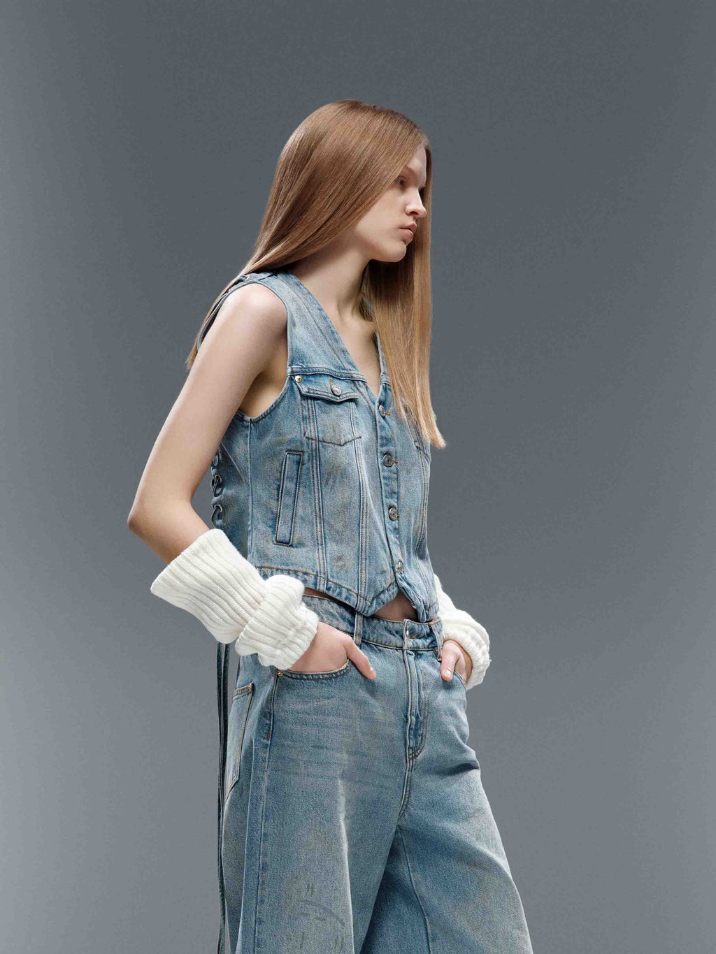 Distressed Lace-Up Denim Vest
