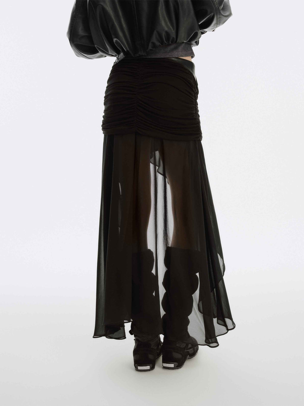 Ruched Asymmetric Chiffon Maxi Skirt Black