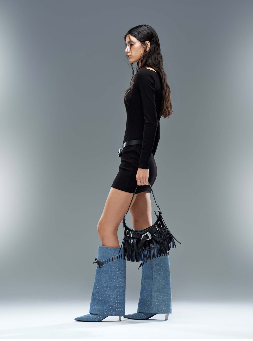 AGLAIA Crystal Denim Knee-High Boots Light Blue