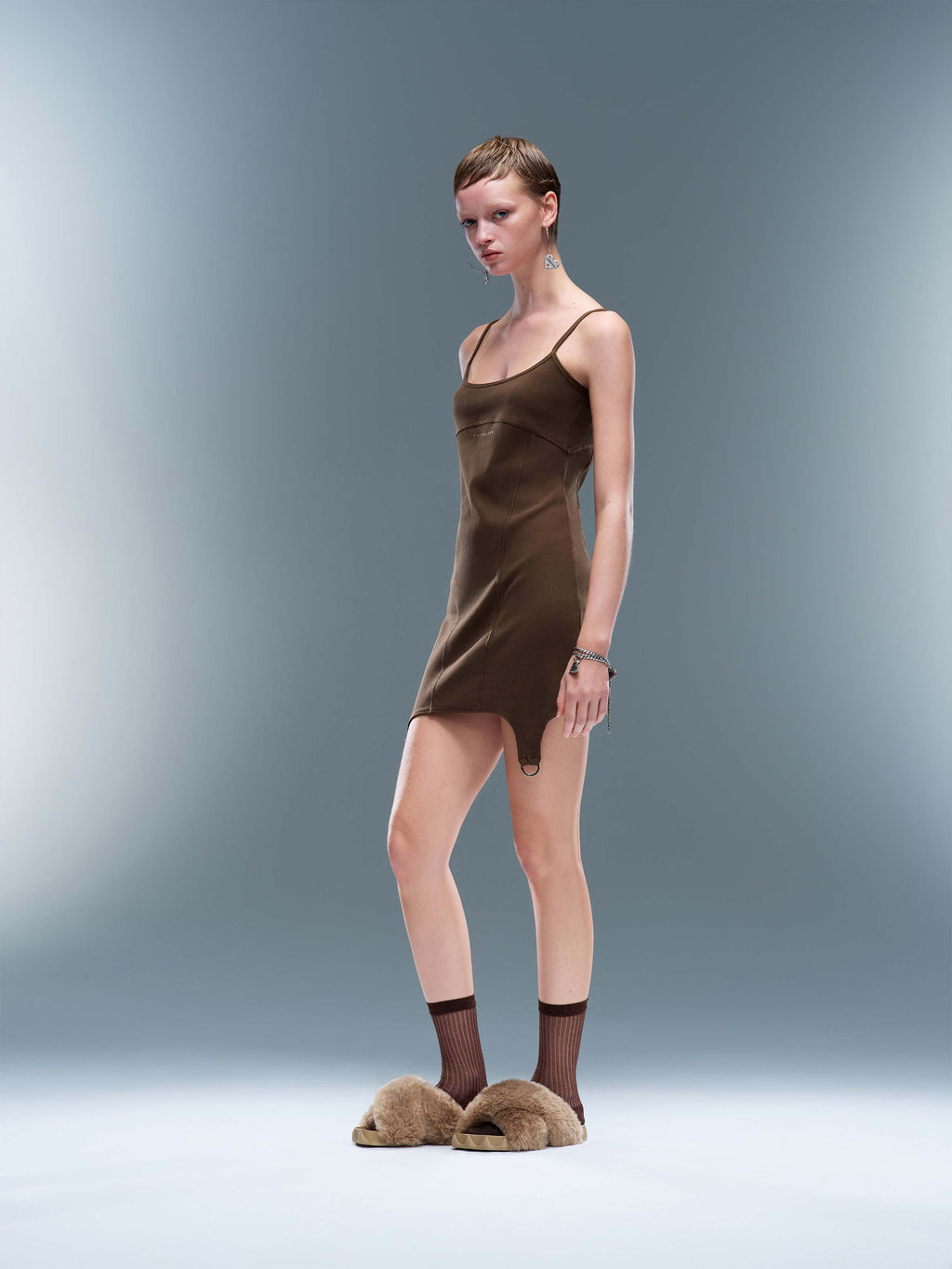 HESTIA Fur Cross-Strap Slides Khaki Brown