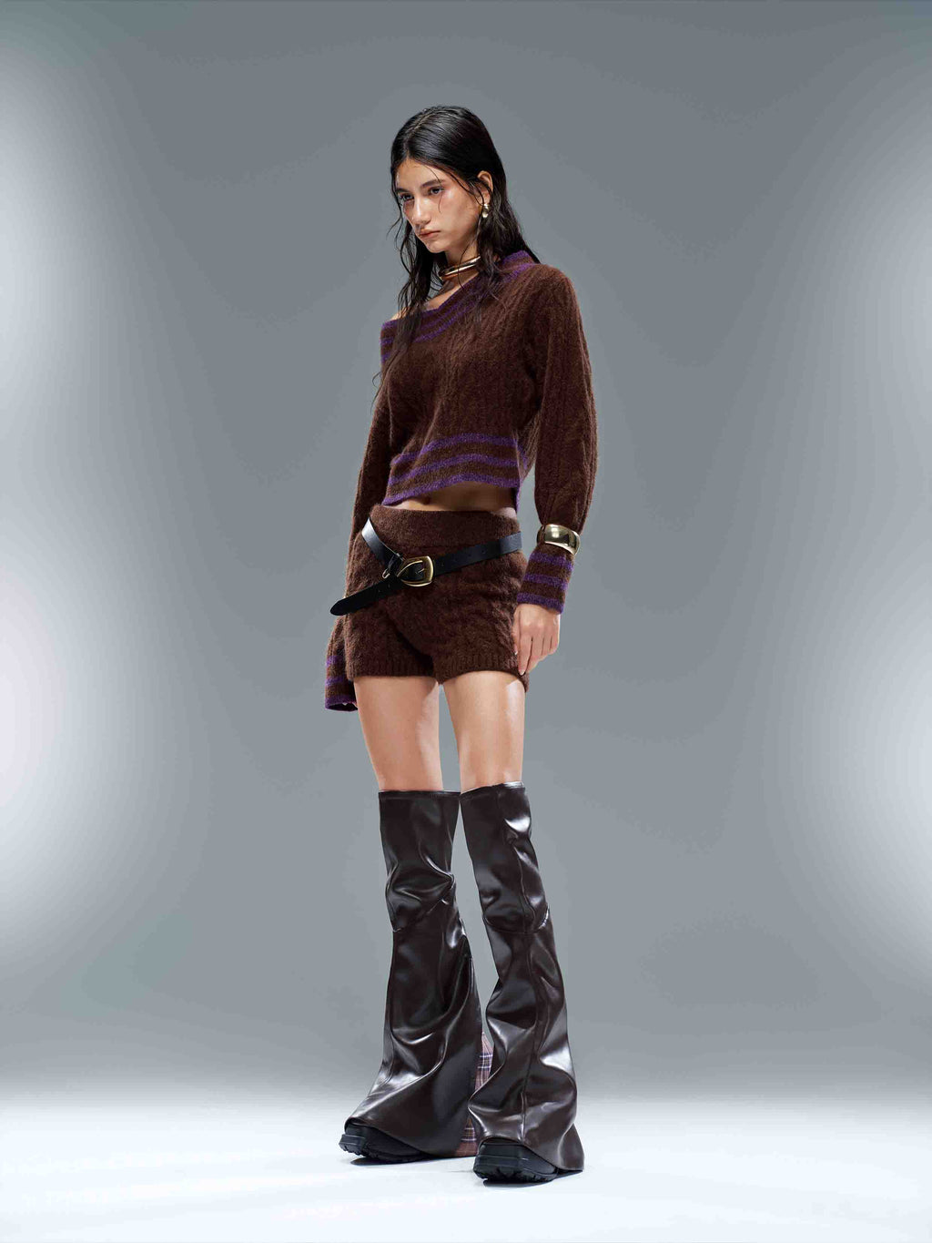 Convertible Off-Shoulder Cable Knit Sweater Espresso Purple