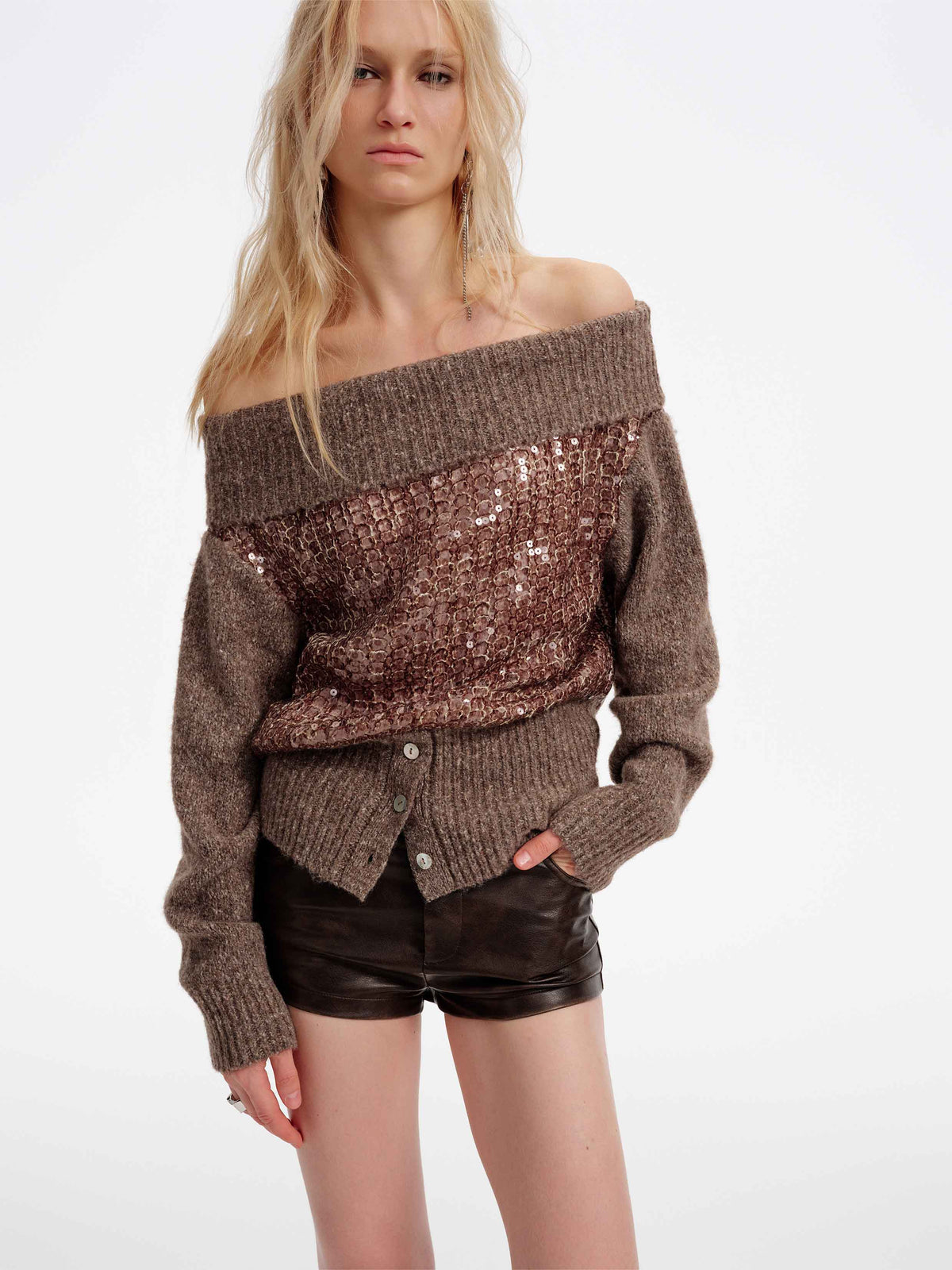 Off-Shoulder Sequin Knit Sweater Taupe Brown