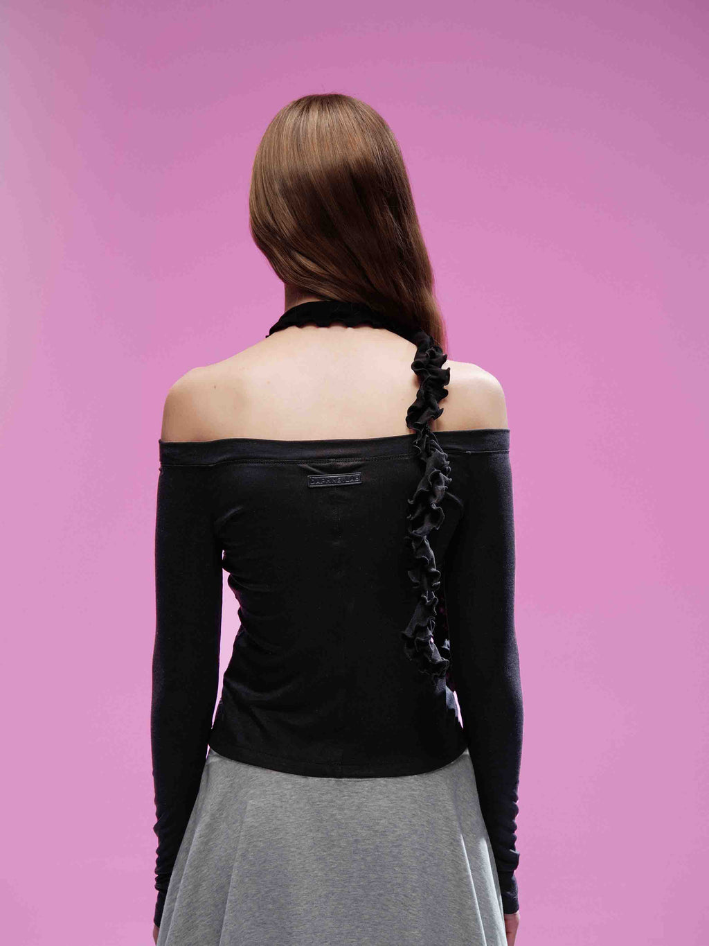 Lace Panel Off-Shoulder Top with Ruffle Scarf Black