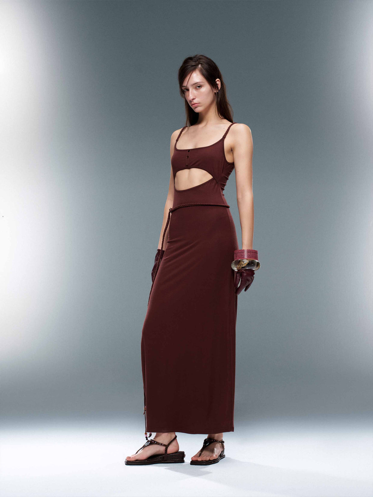 THEIA Crystal Ring Wedge Thong Sandals Brown