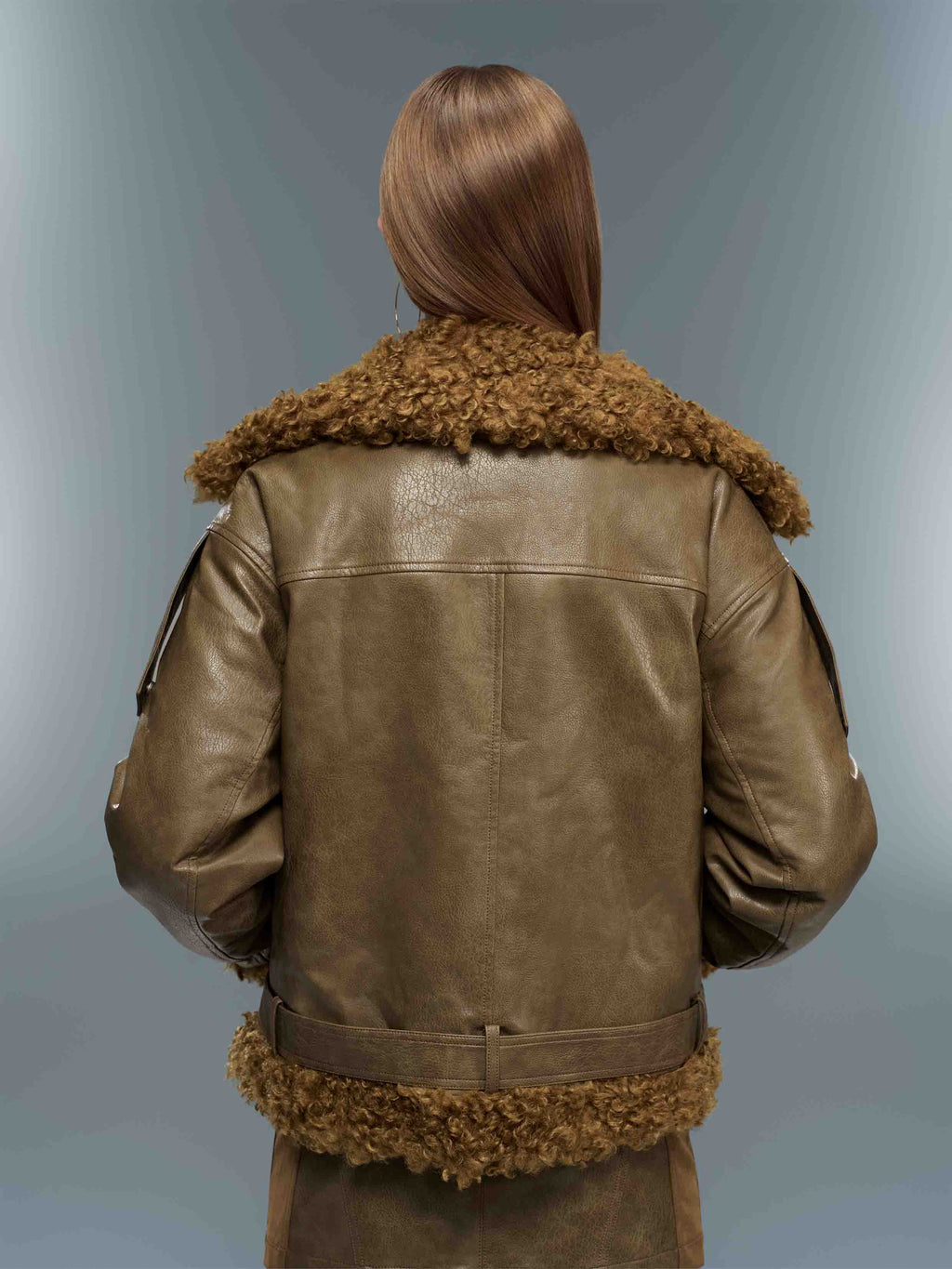 Faux Shearling Belted Biker Jacket Olive Brown