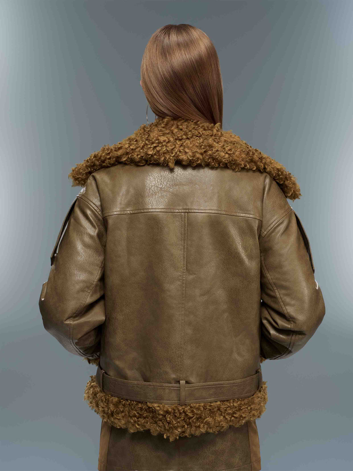 Faux Shearling Belted Biker Jacket Olive Brown