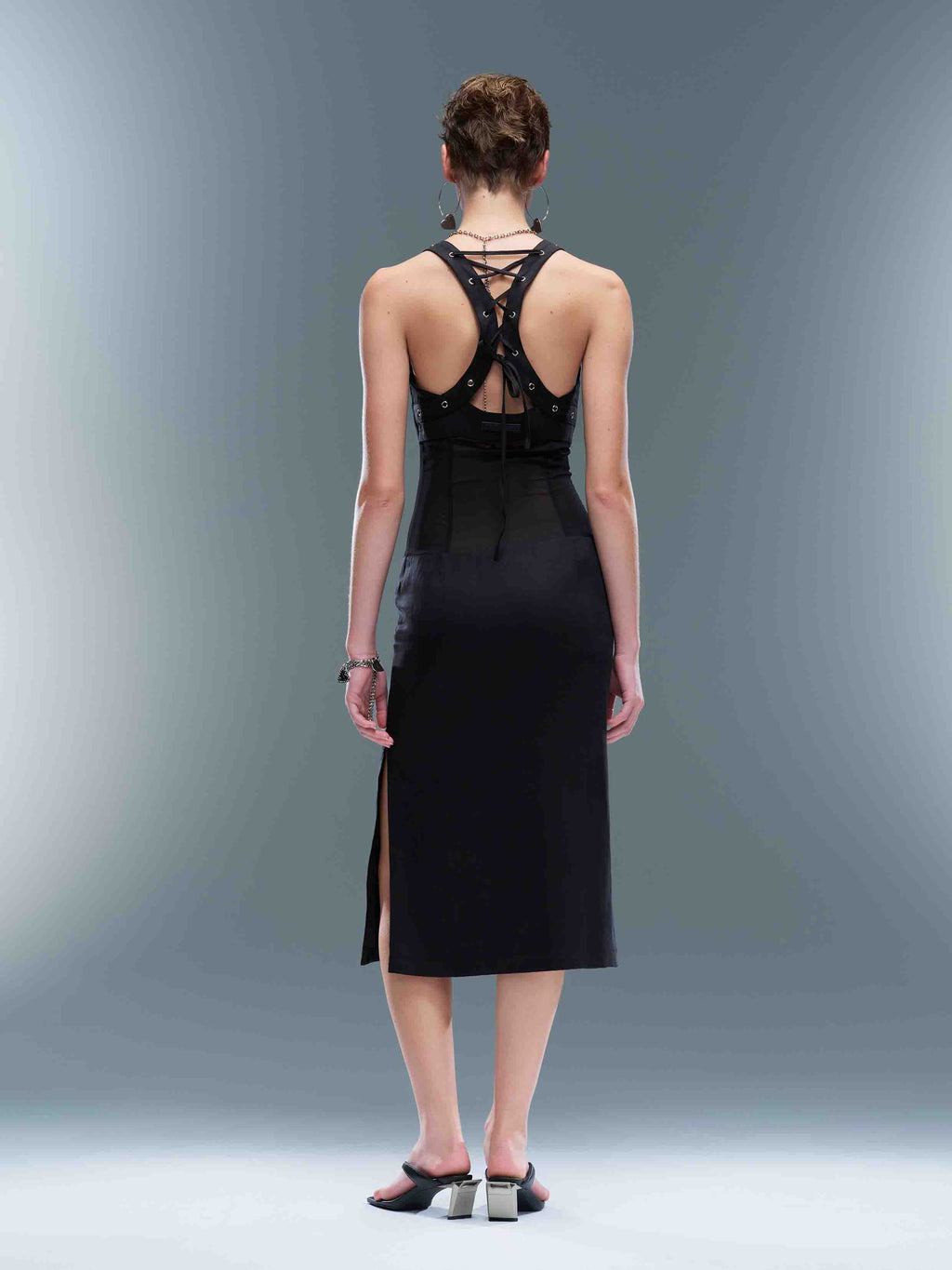 Studded Lace-Up Mesh Midi Dress Black