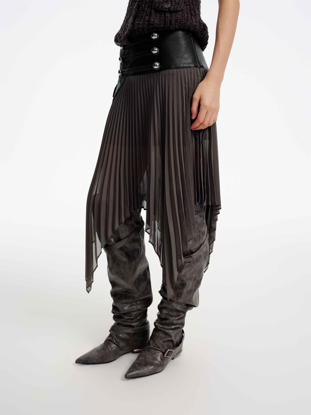 Pleated Leather-Waist Midi Skirt