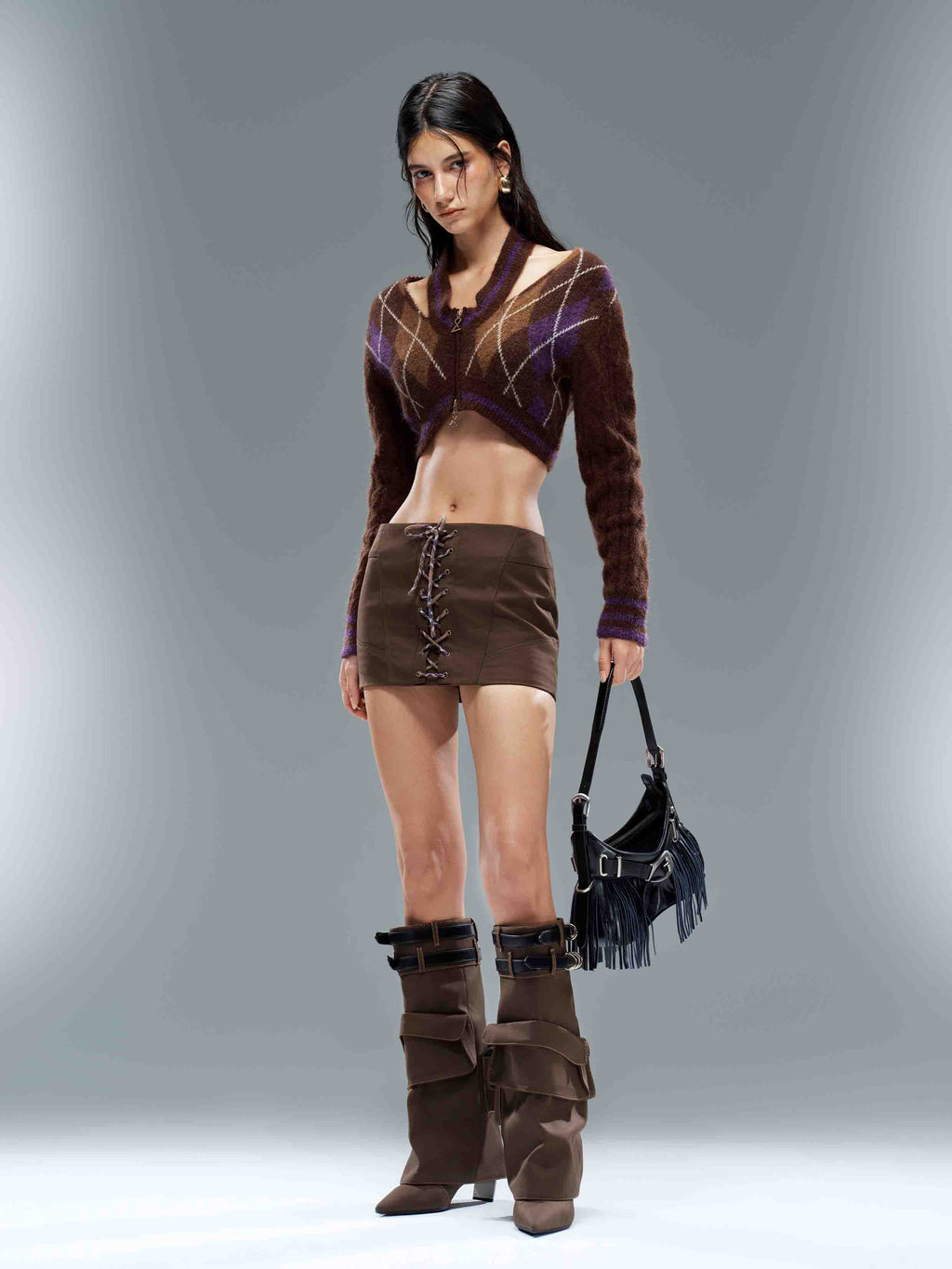 Argyle Halter Zip-Up Cropped Cardigan