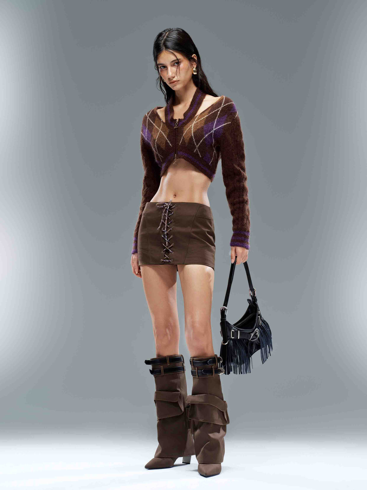 Argyle Halter Zip-Up Cropped Cardigan