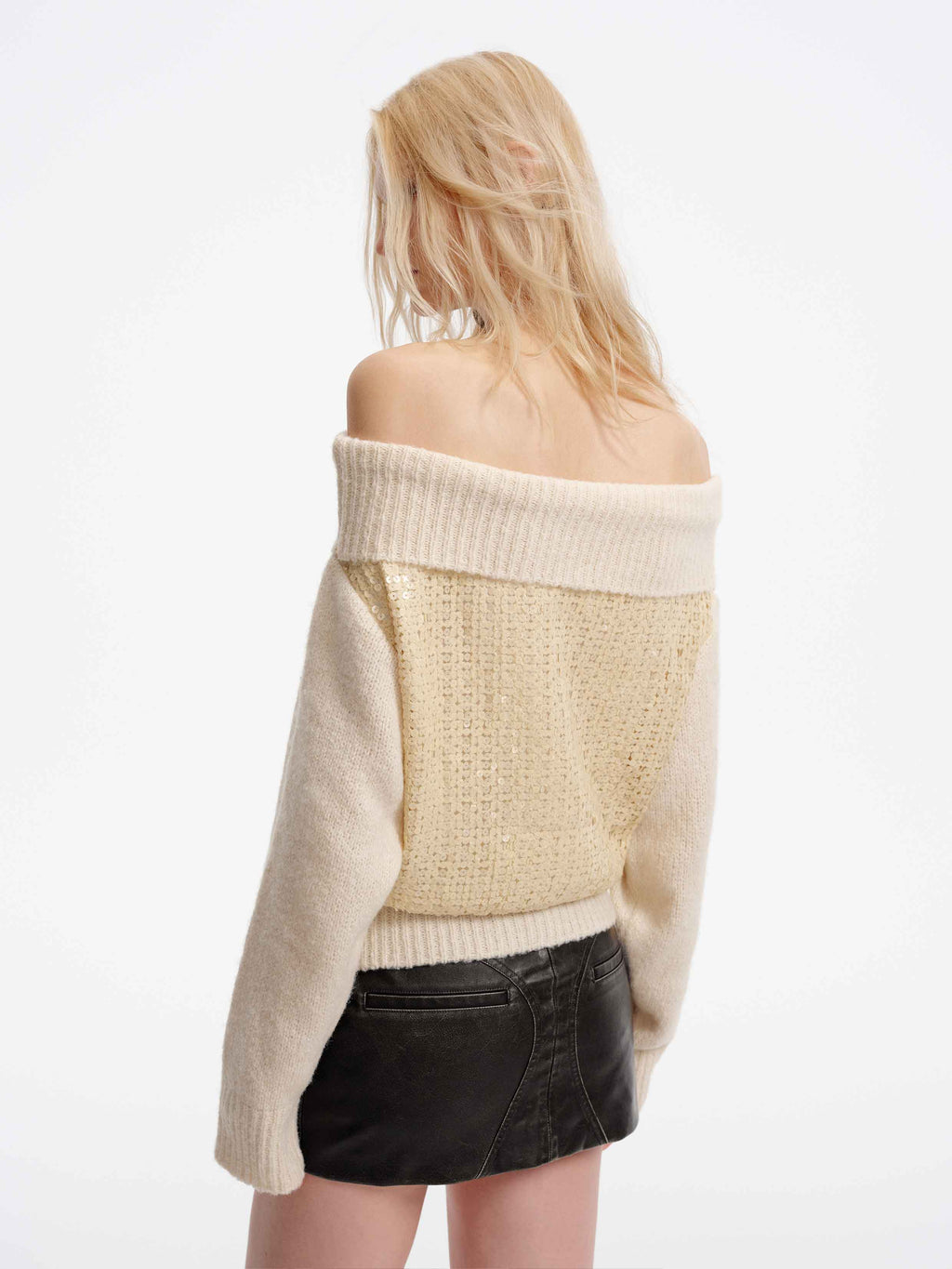 Off-Shoulder Sequin Knit Sweater Beige