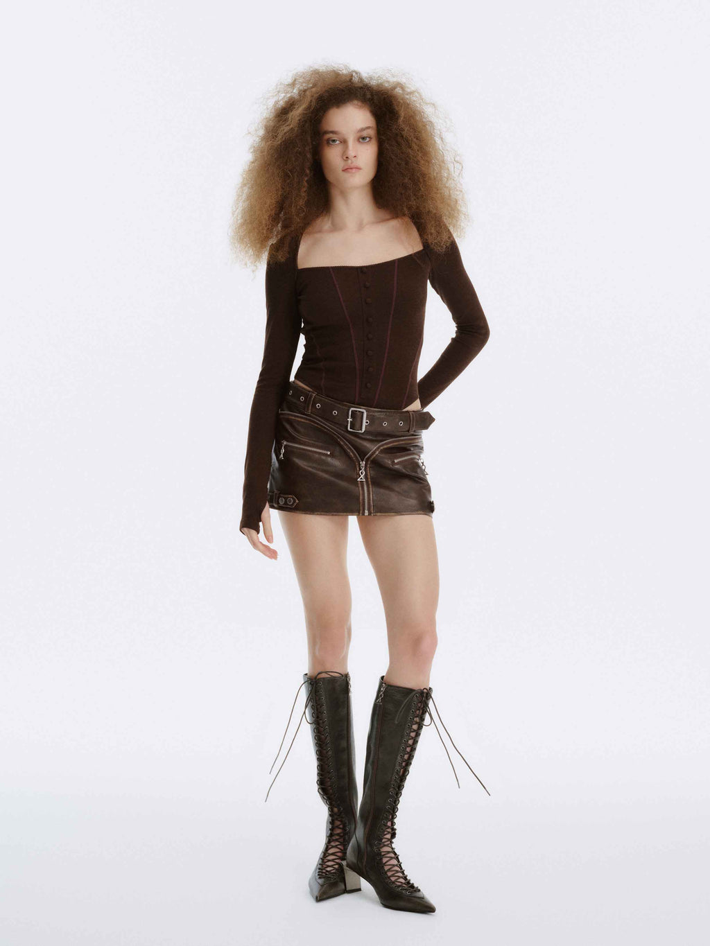 Distressed Biker Buckle Mini Skirt Brown