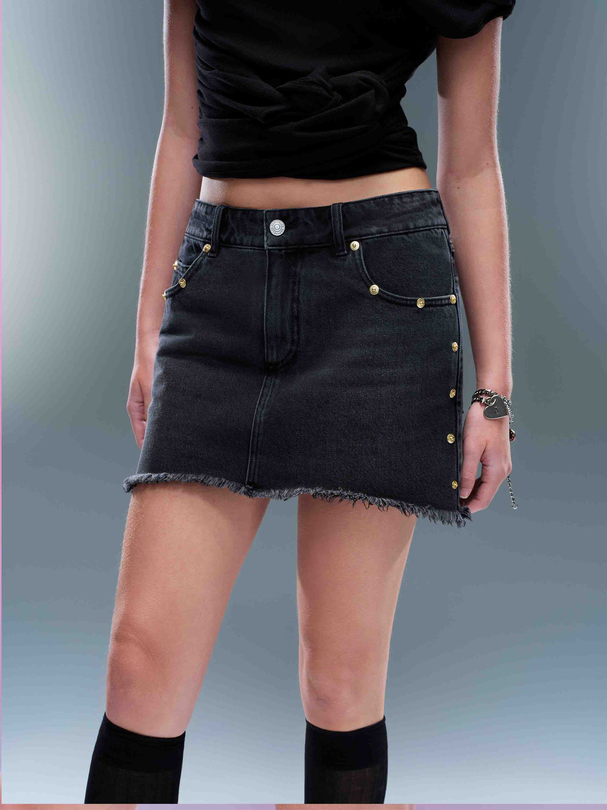 Studded Denim Mini Skirt Black Wash