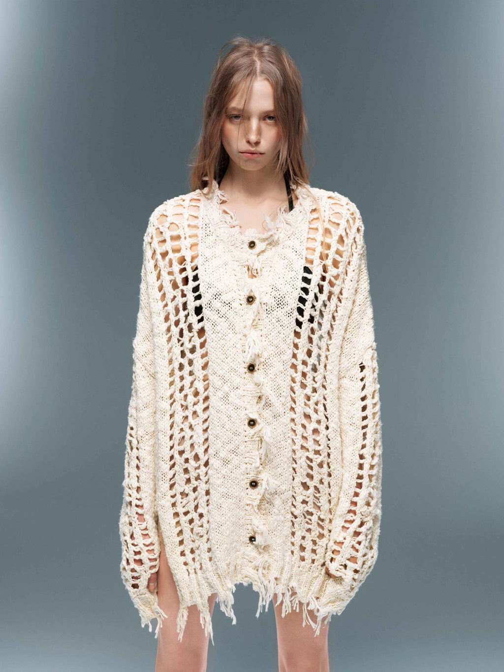 Distressed Open-Knit Oversized Cardigan Ivory White