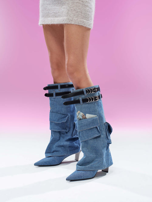 ADRASTEIA Graphic Denim Cargo Knee-High Boots Blue