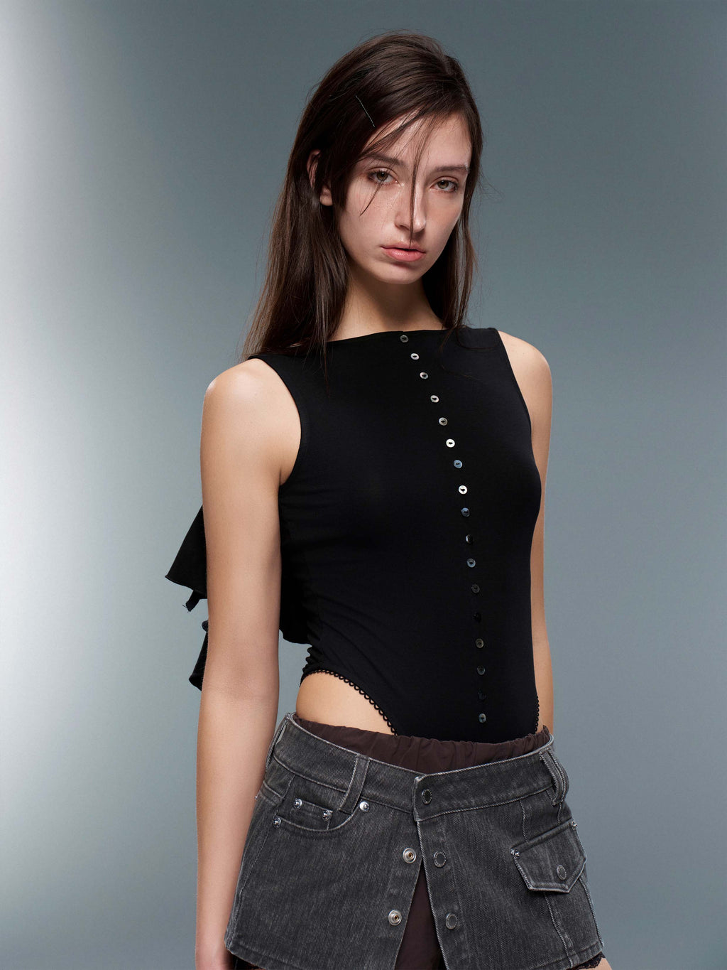 Ruffle Boat-Neck Bodysuit Black
