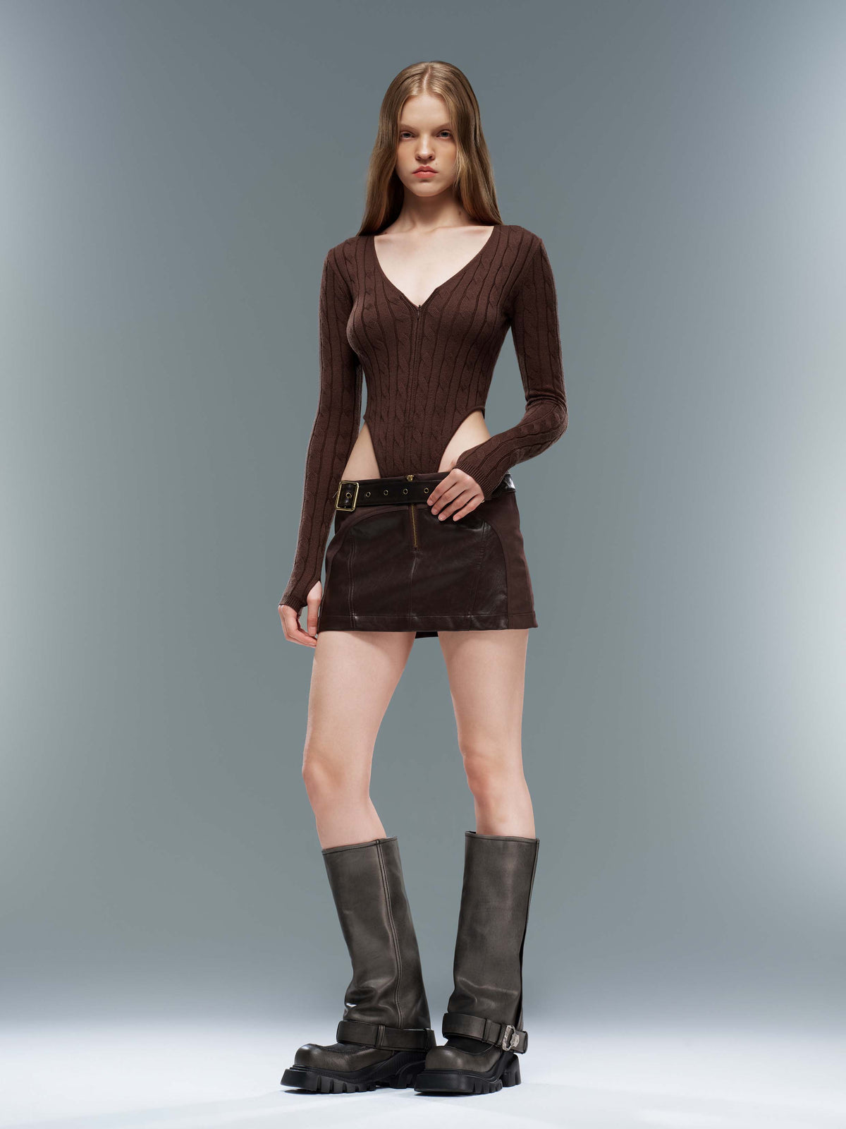 Cable Knit Zip-Up Bodysuit Espresso Brown