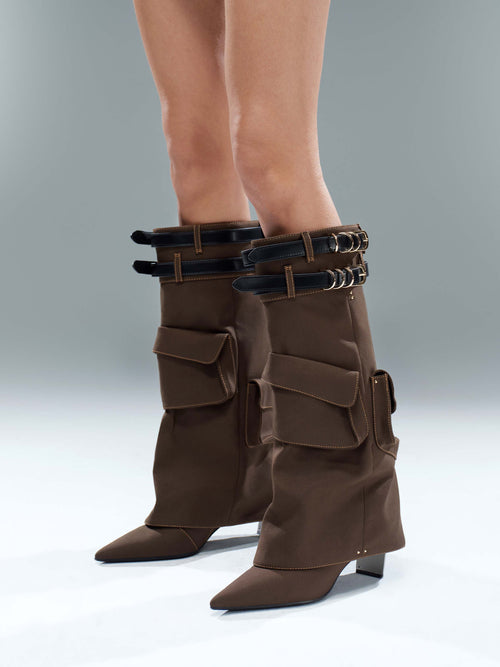 ADRASTEIA Denim Cargo Knee-High Boots Brown