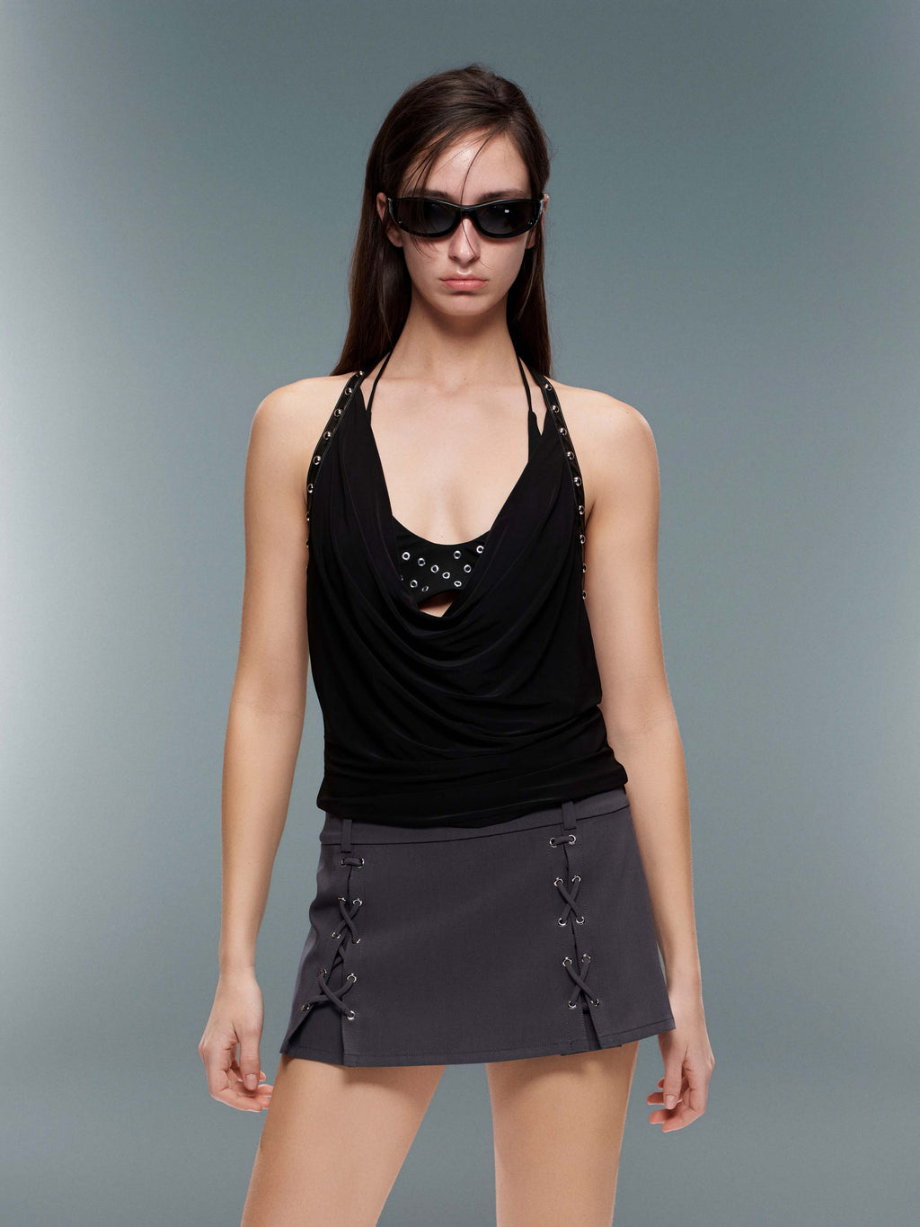 Lace-Up Micro Mini Skirt Charcoal Gray