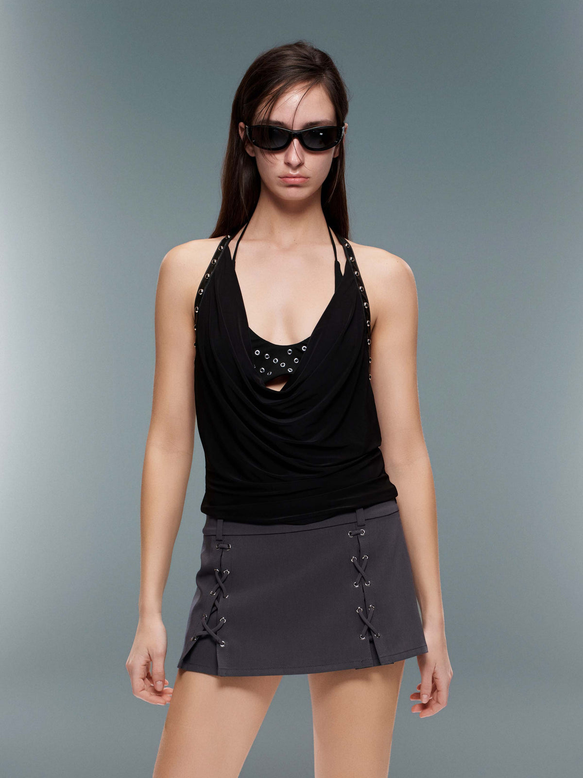 Lace-Up Micro Mini Skirt Charcoal Gray
