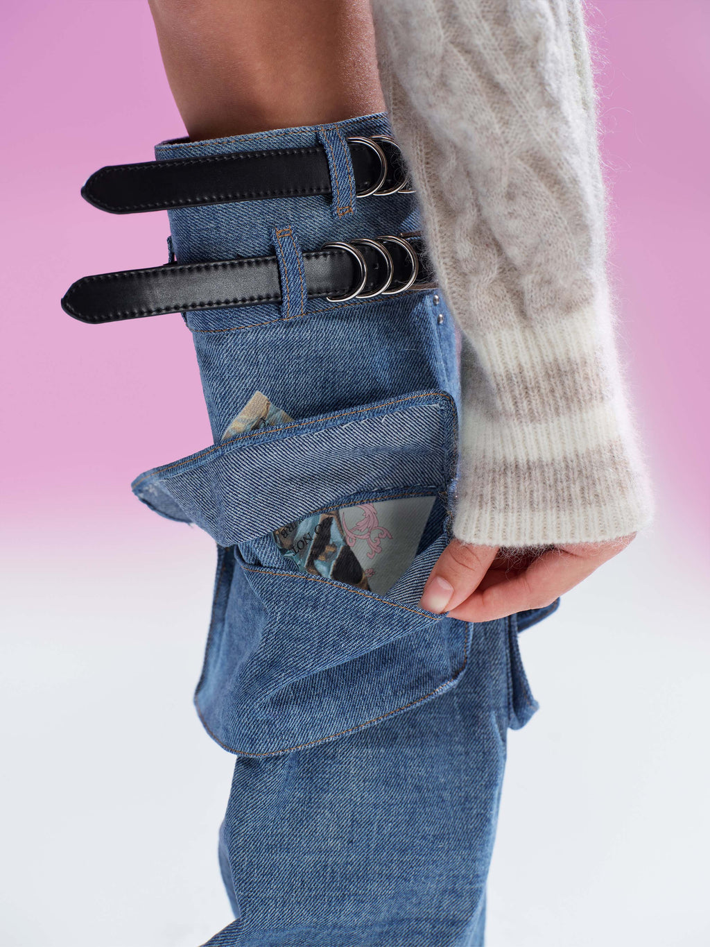 ADRASTEIA Graphic Denim Cargo Knee-High Boots Blue