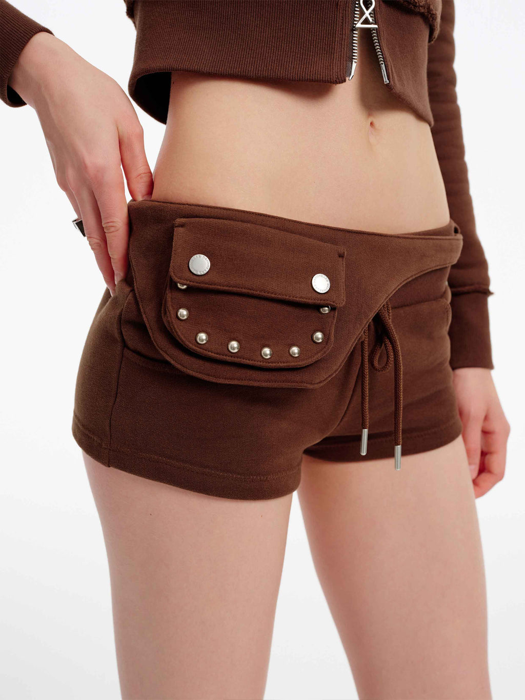 Detachable Belt Bag Knit Shorts Brown