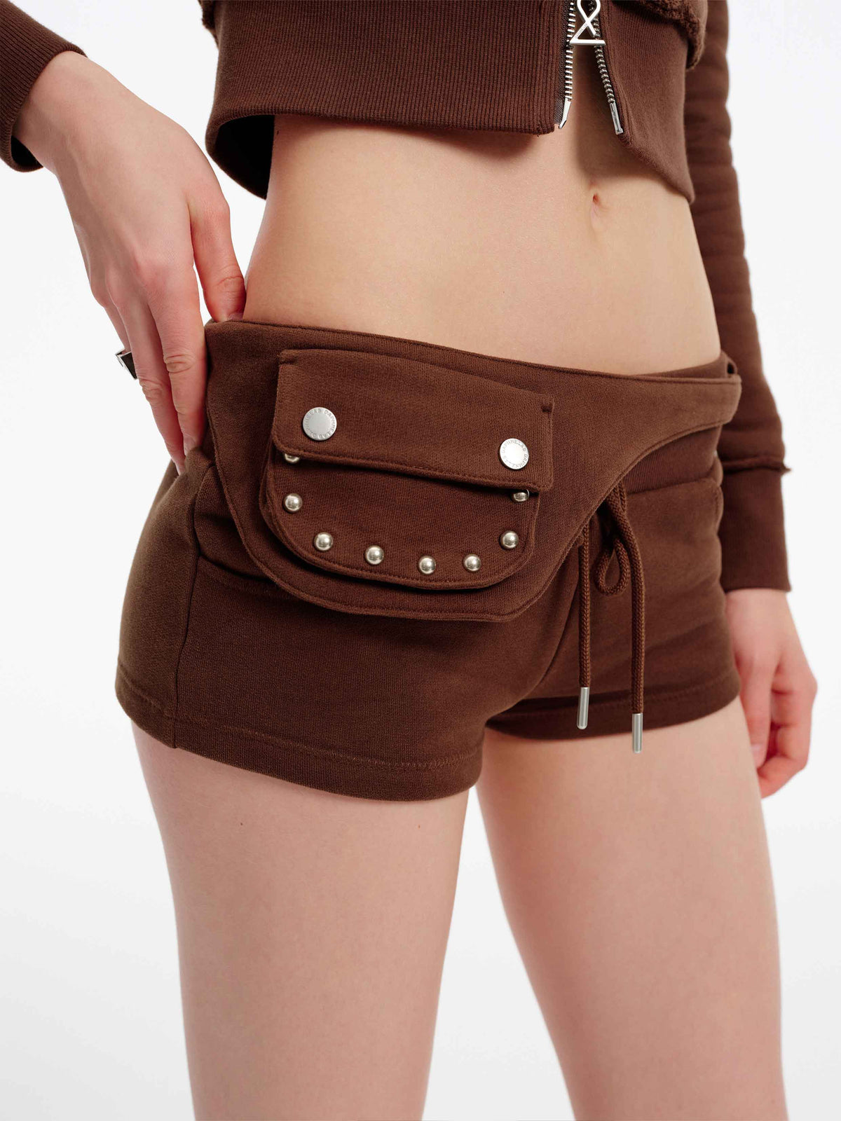 Detachable Belt Bag Knit Shorts Brown