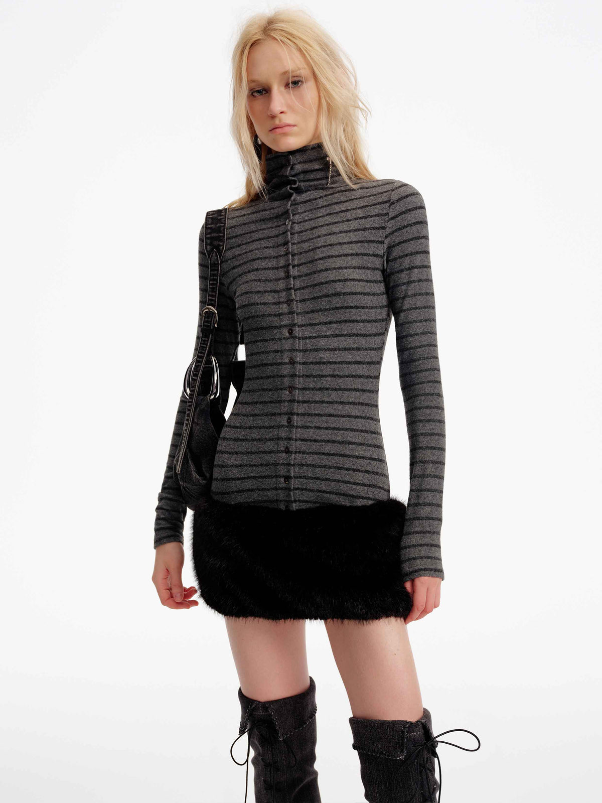 Striped Faux Fur Trim Mini Dress