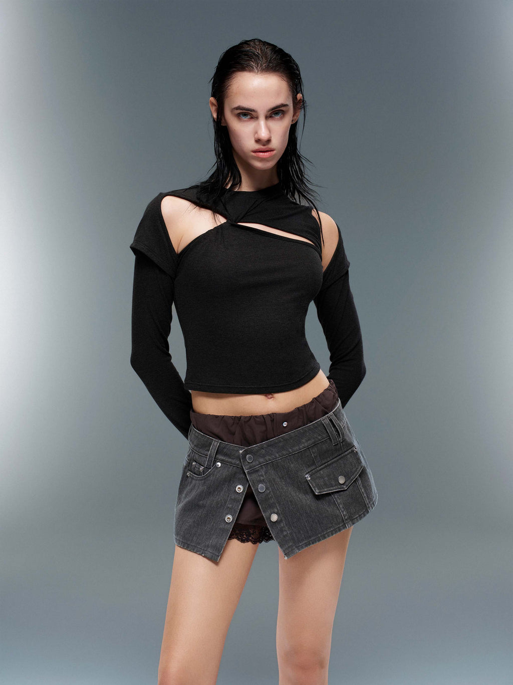 Asymmetric Denim Skort Set Washed Black