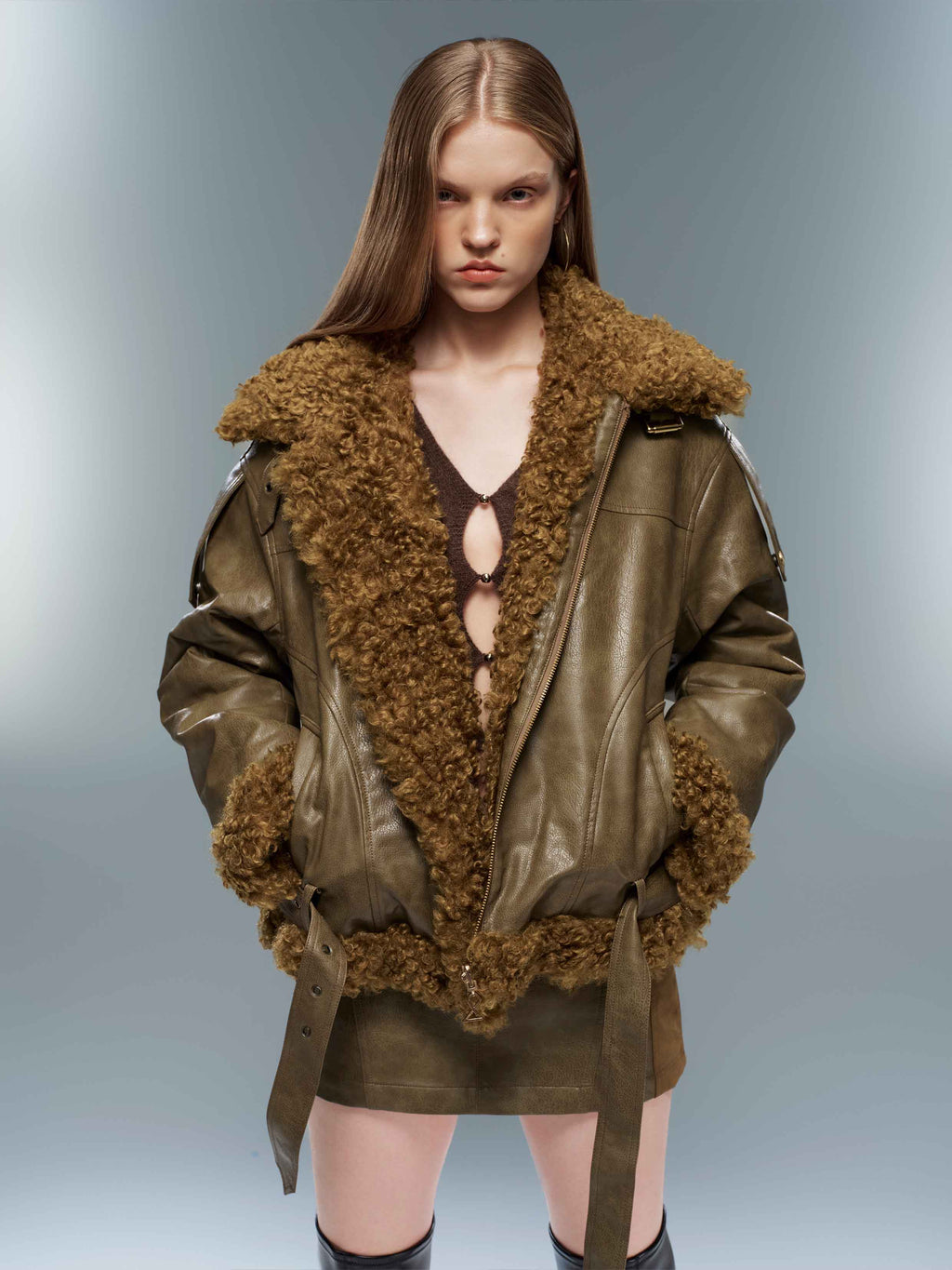 Faux Shearling Belted Biker Jacket Olive Brown