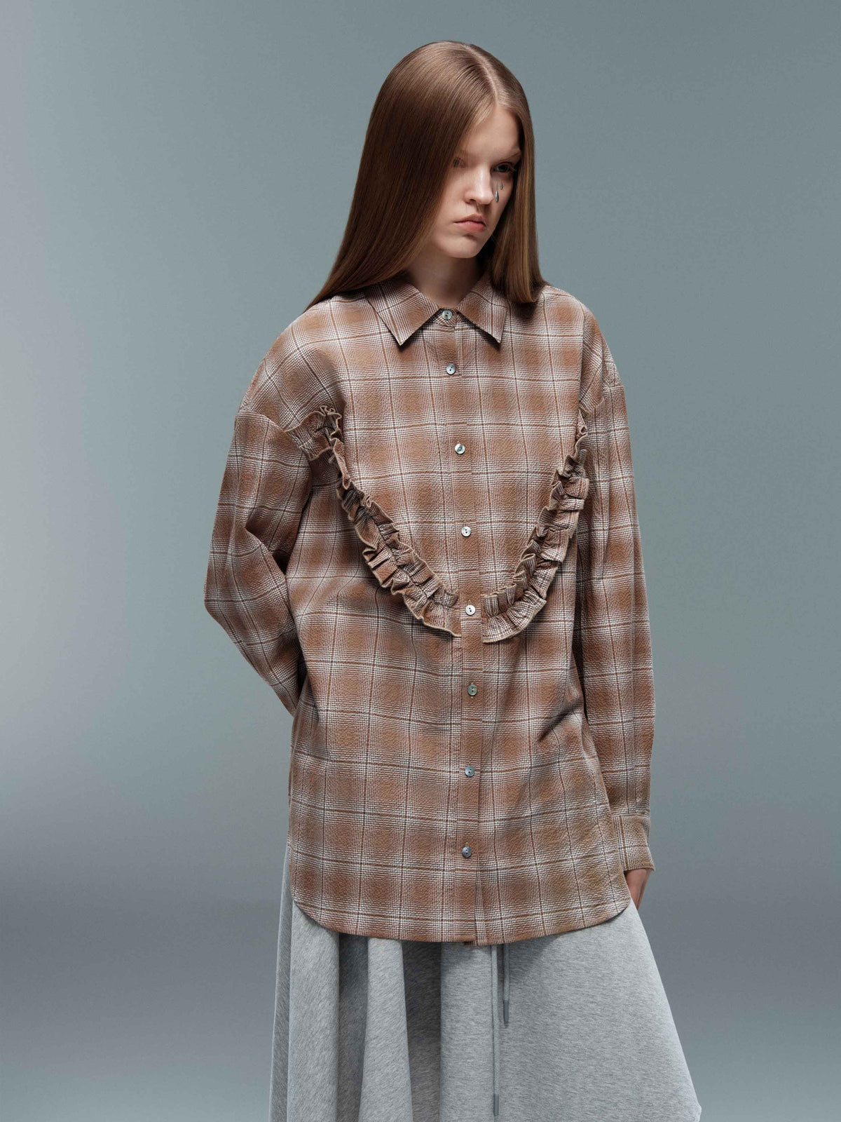 Ruffle Trim Plaid Shirt