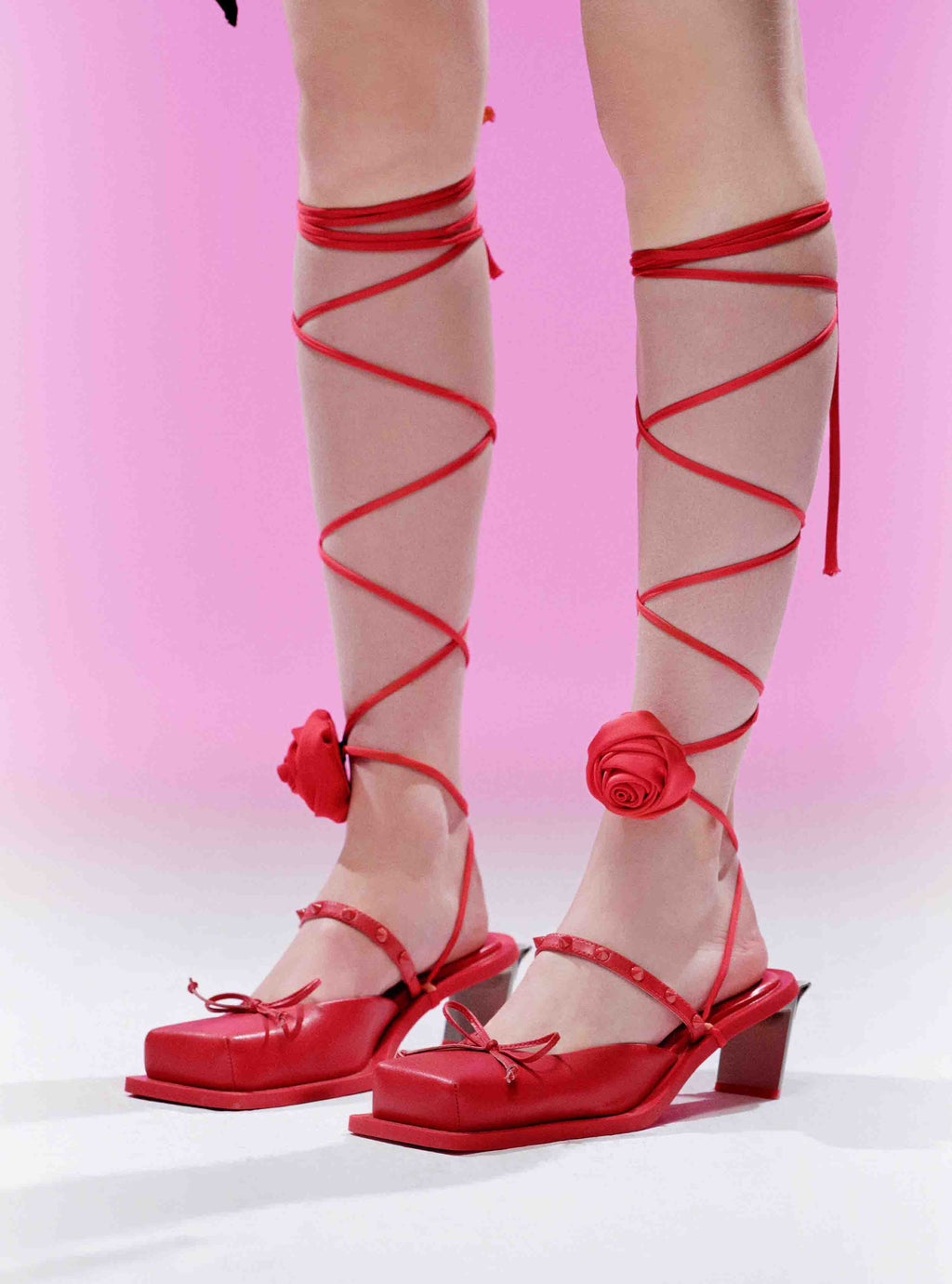 RHODANTHE Rose Lace-Up Mules Scarlet Red