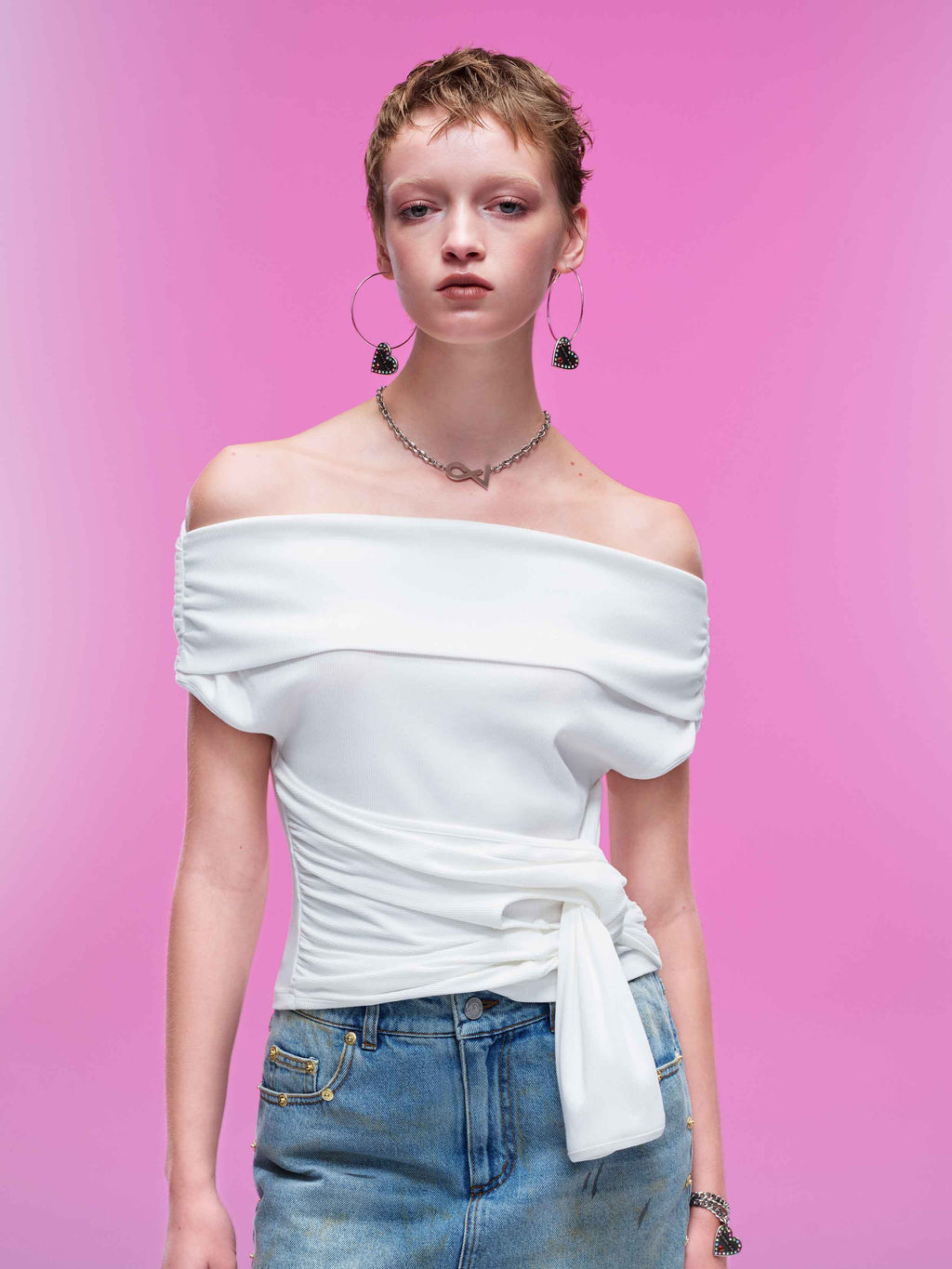 Ruched Tie Off-Shoulder Top White