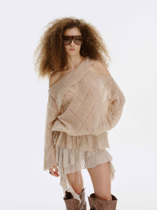 Asymmetric Off-Shoulder Mohair Knit Sweater Oat Beige