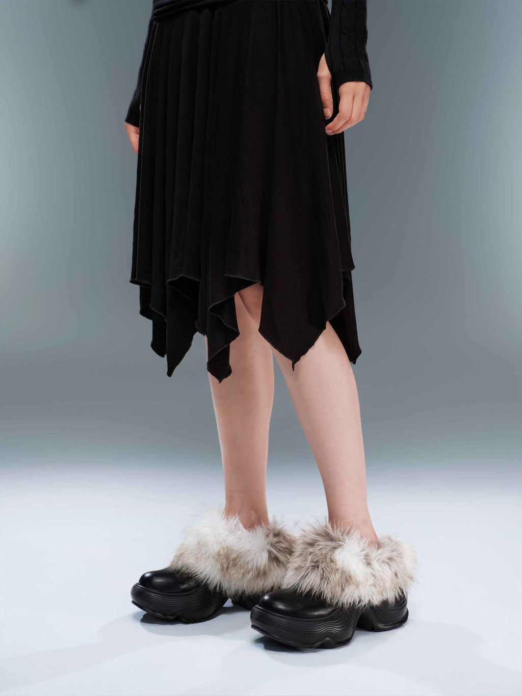 Ruched Asymmetric Midi Skirt Black