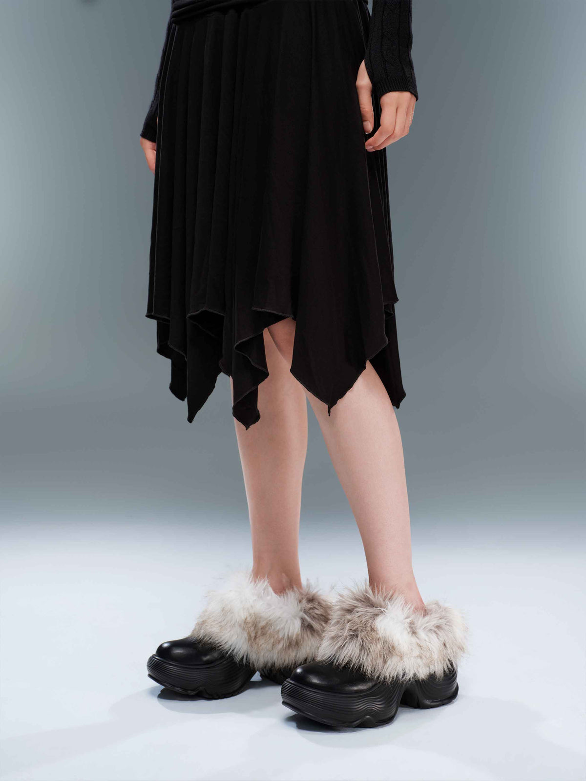 Ruched Asymmetric Midi Skirt Black
