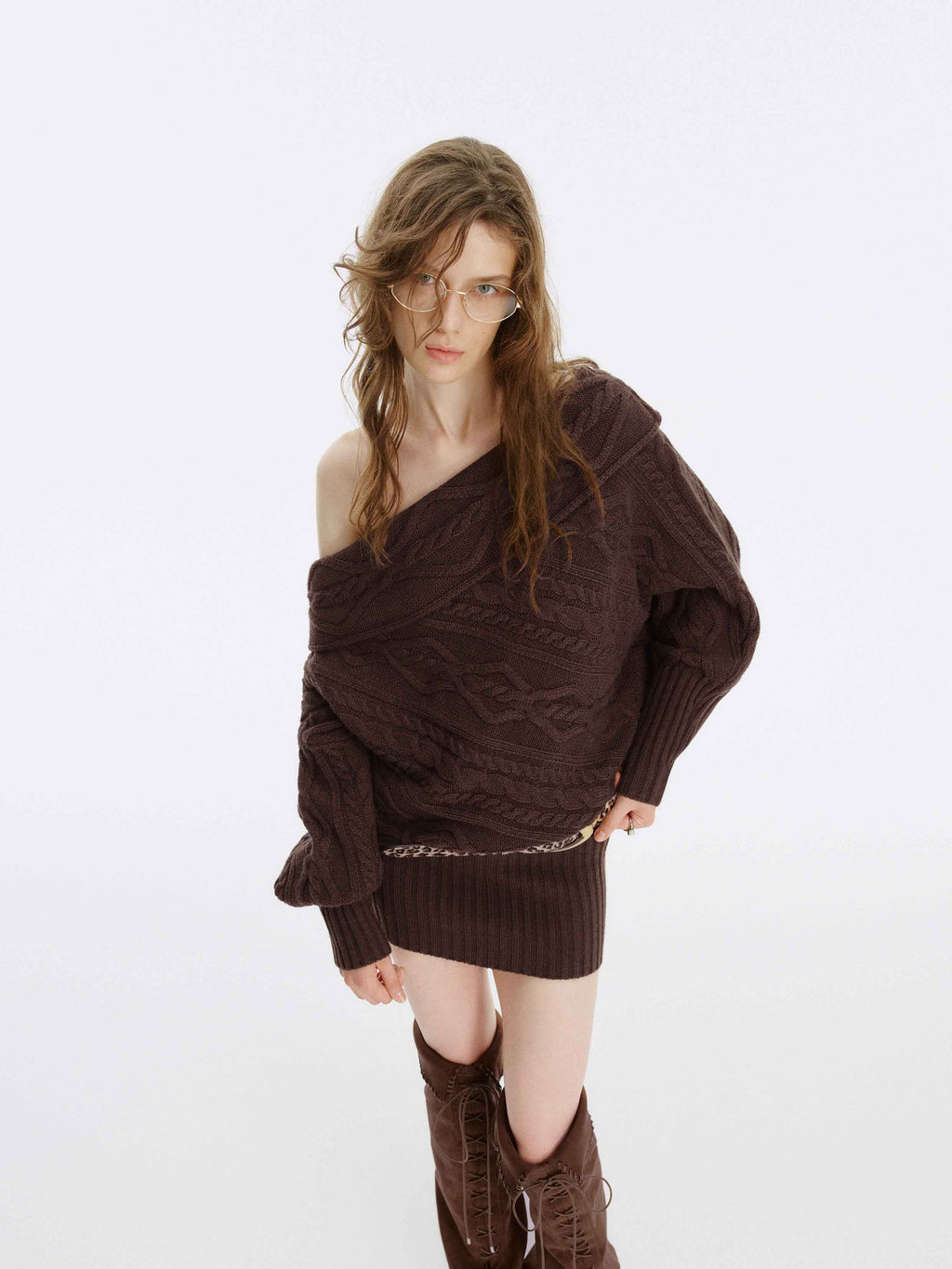 Asymmetric Cable-Knit Sweater Espresso Brown
