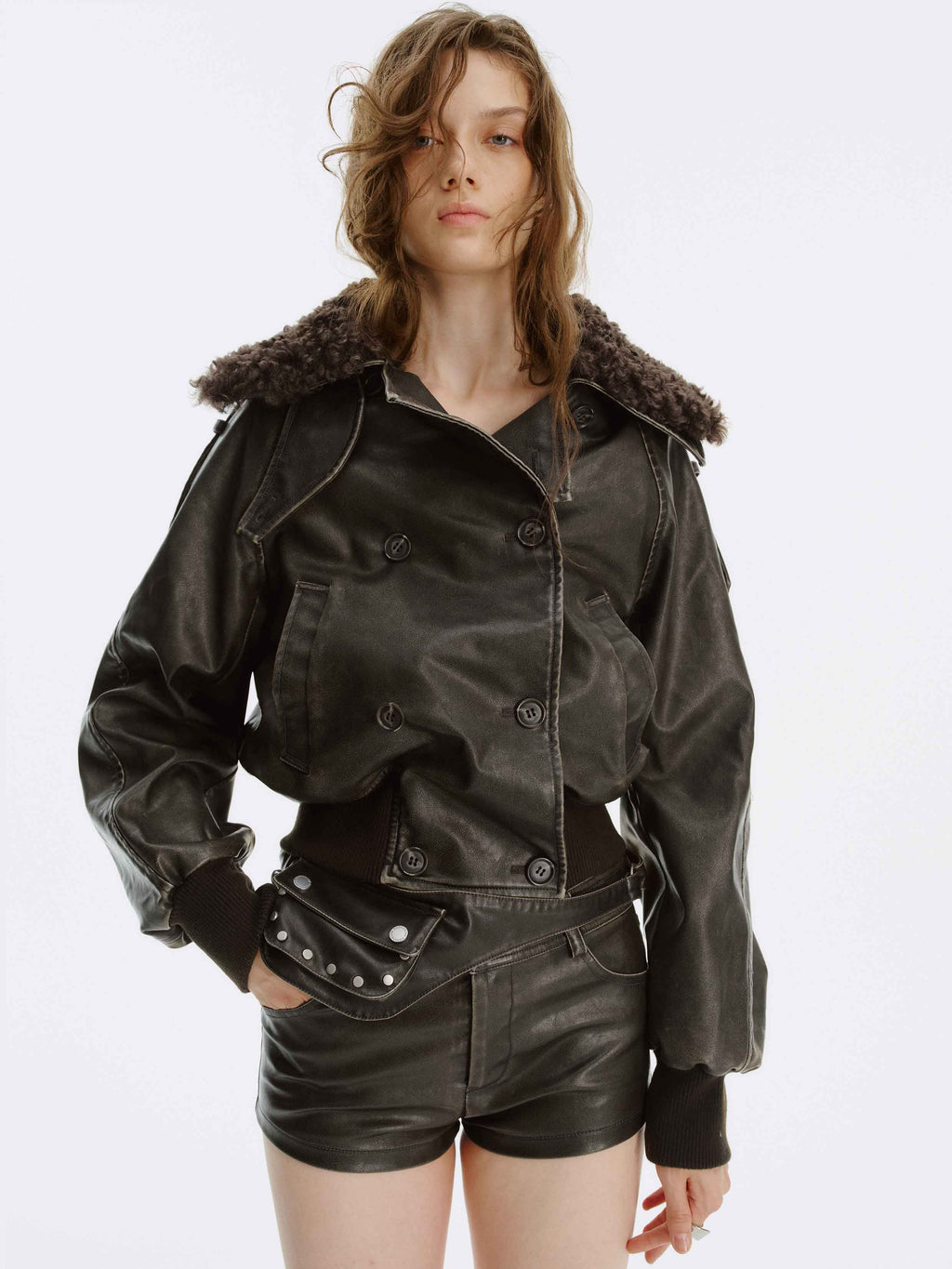 Detachable Fur-Collar Washed Moto Jacket Distressed Black