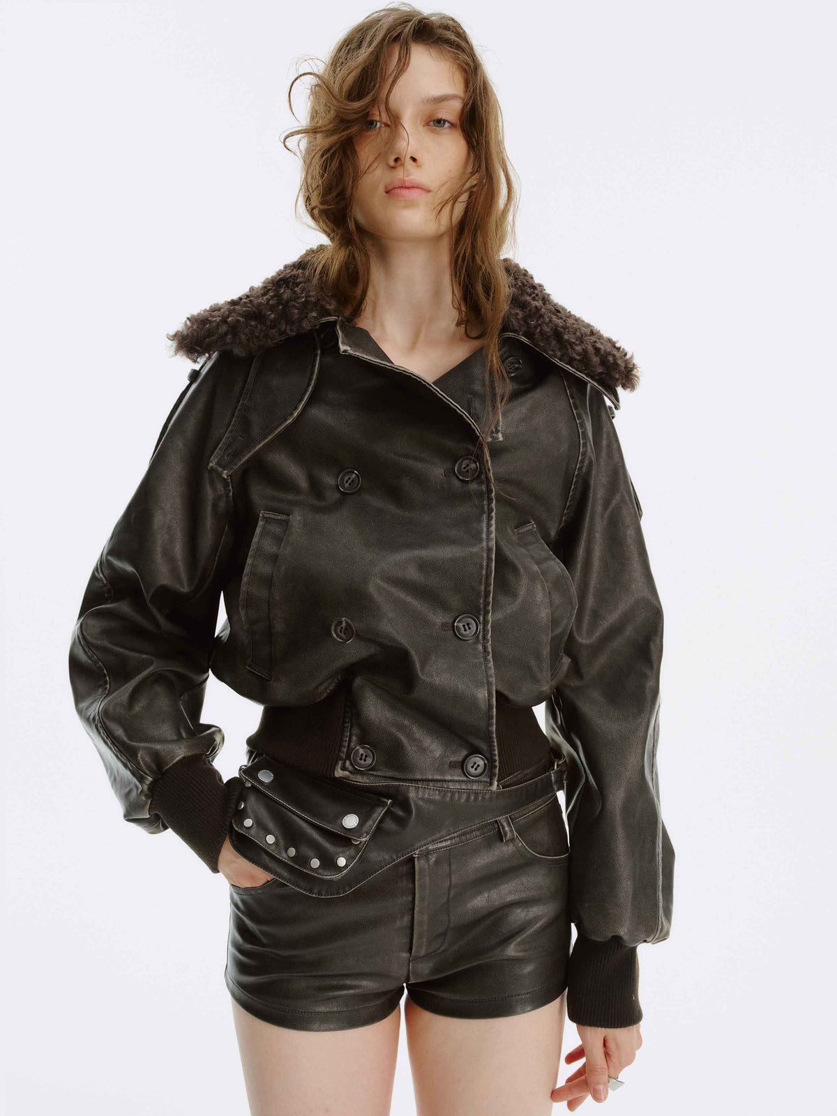Detachable Fur-Collar Washed Moto Jacket Distressed Black