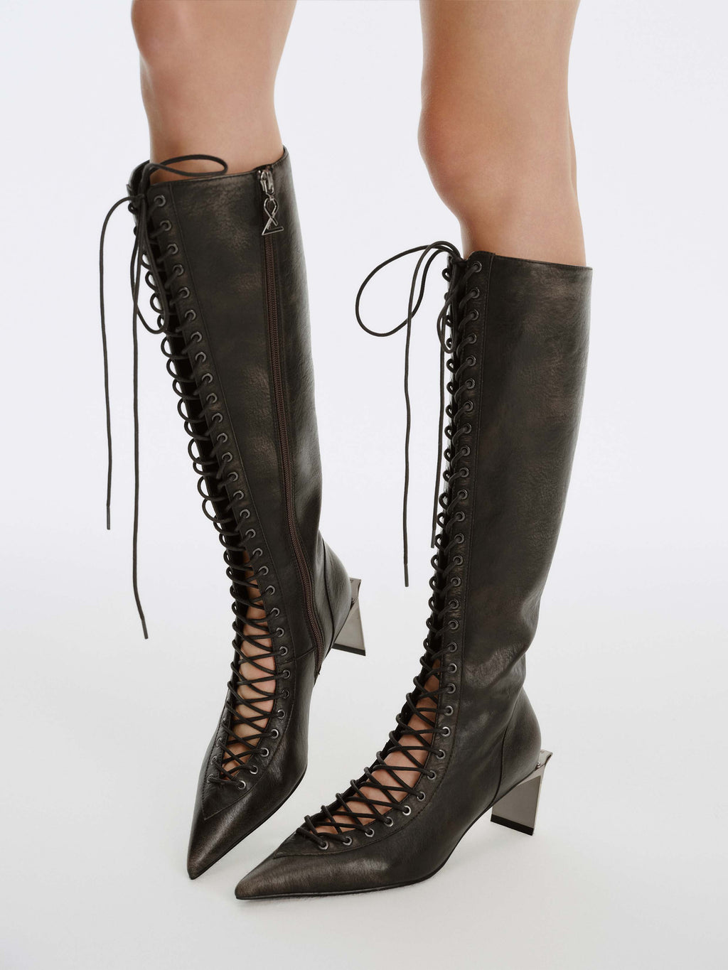 MELINOE Lace-Up Knee-High Boots Distressed Black
