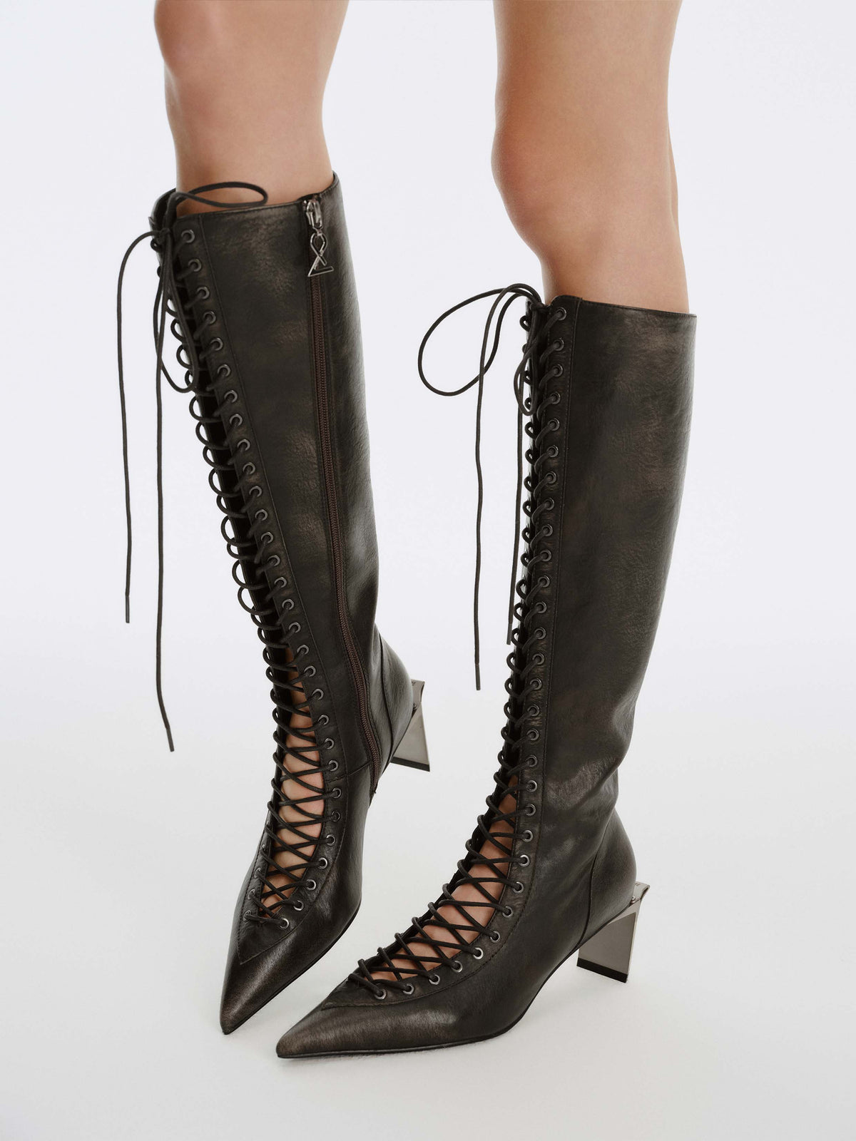 MELINOE Lace-Up Knee-High Boots Distressed Black