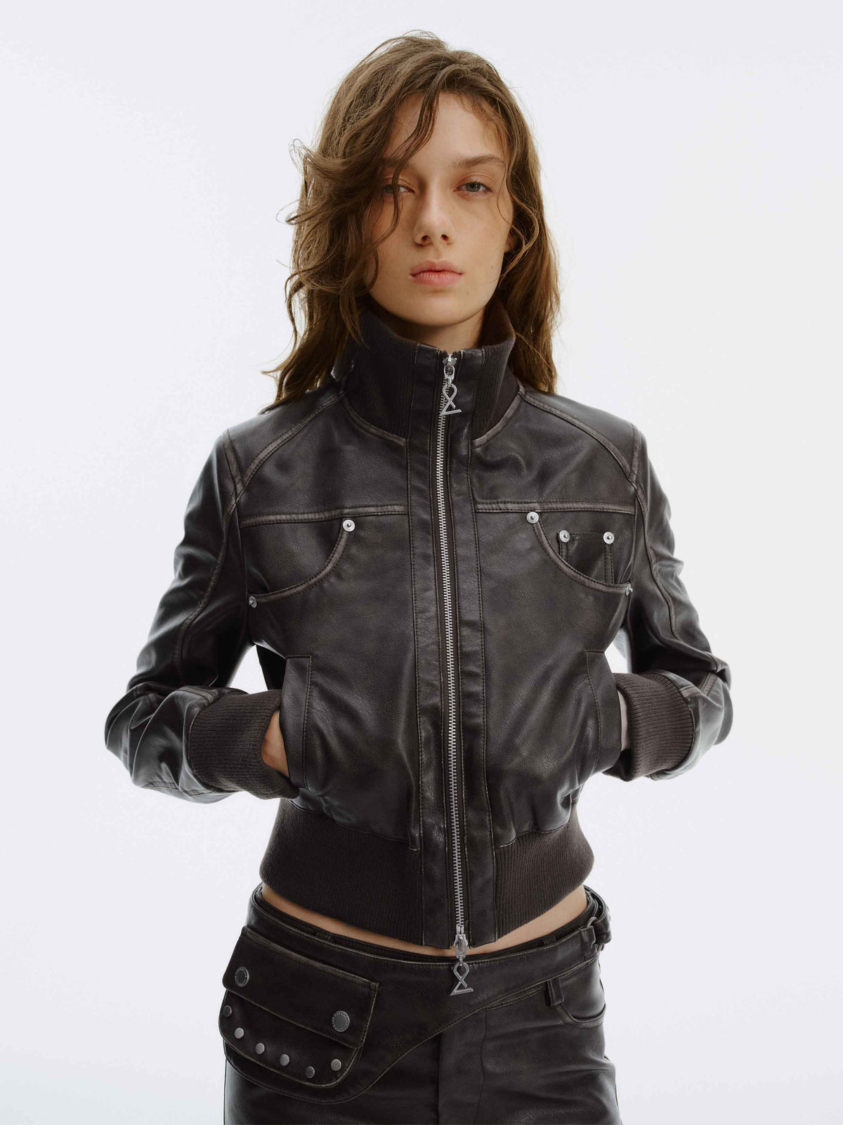 Vintage Washed Cropped Biker Jacket Dark Brown