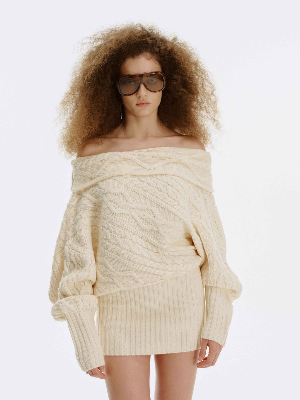 Asymmetric Cable-Knit Sweater Ivory White