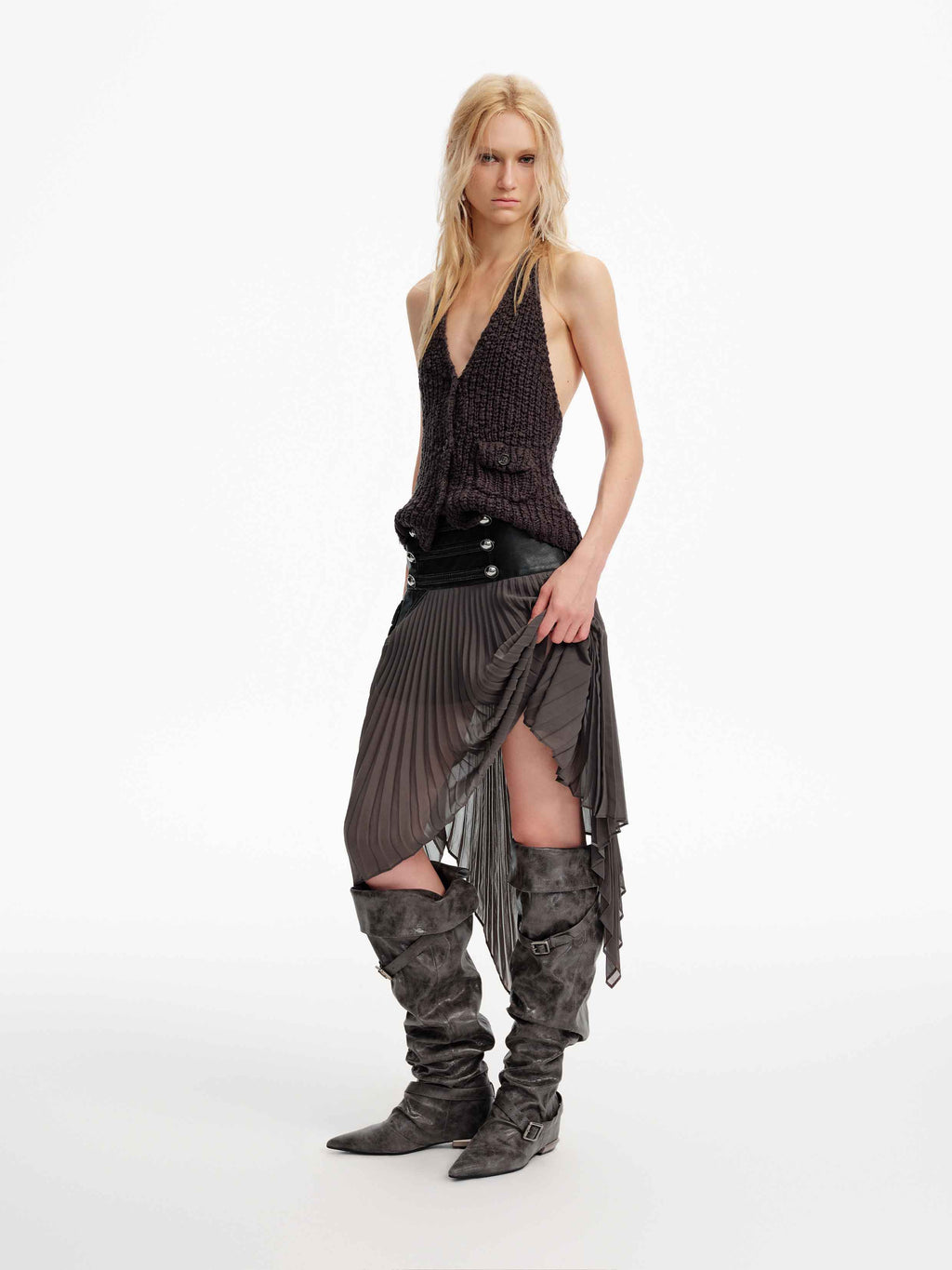 Pleated Leather-Waist Midi Skirt