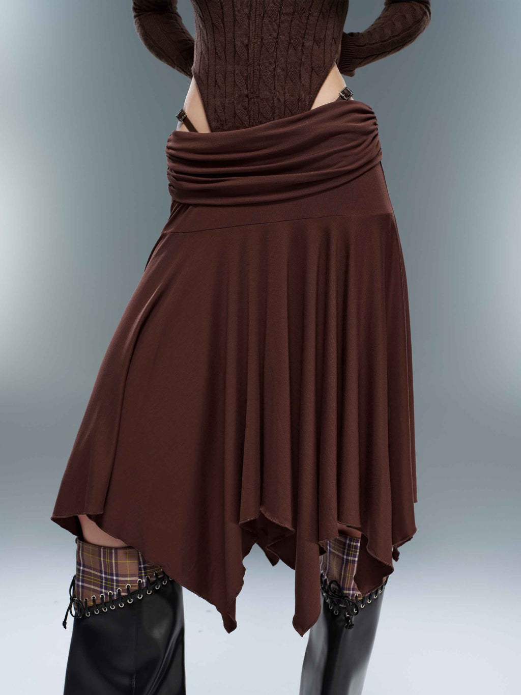 Ruched Asymmetric Midi Skirt Espresso Brown